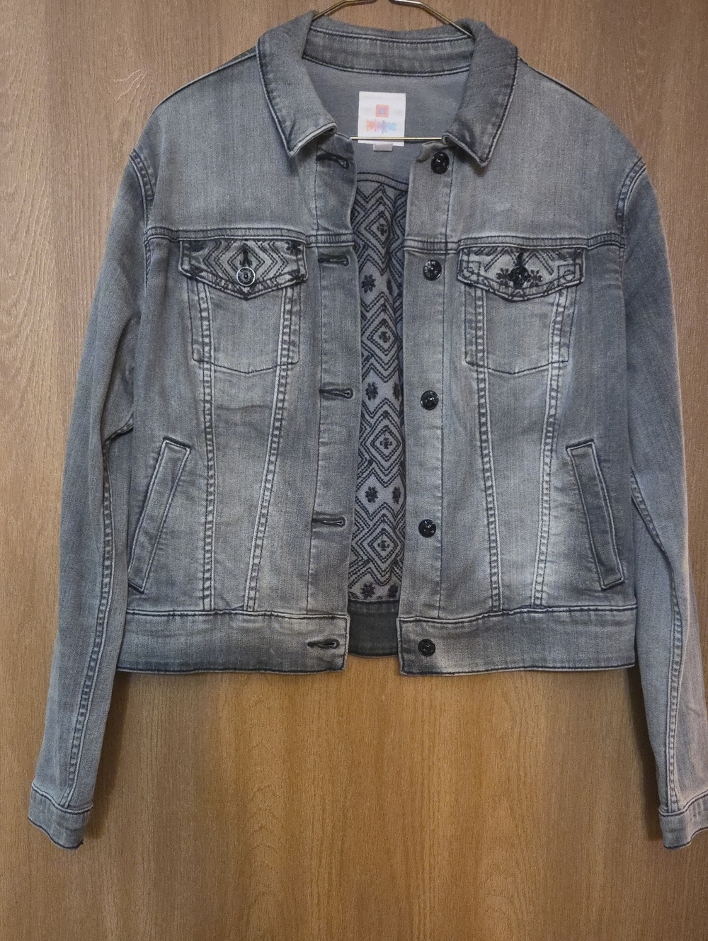LuLaRoe Gray Washed Denim Jacket with Embroidered Pockets